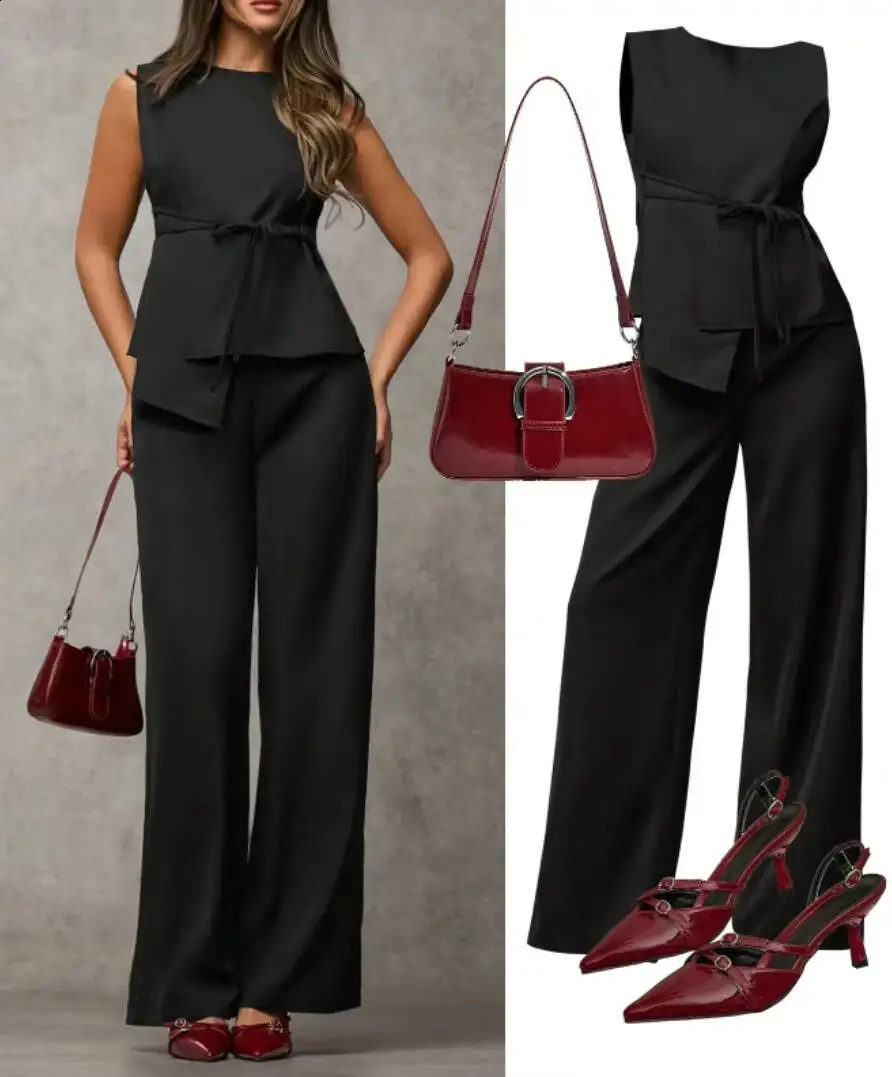 Women's Black Two Piece Set Sleeveless Round Neck Tie Asymmetric Hem Top Wide Leg Pants Spring Summer Office Elegant Outfit 261013