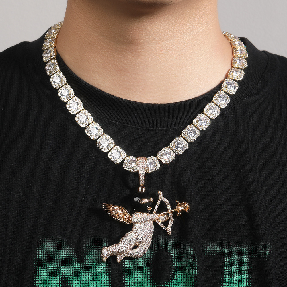 European and American Hip-Hop Masked Angel Pendant Creative Personality Inlaid with moissanite Gold Plated Rose Flower Cupid's Arrow Necklace J