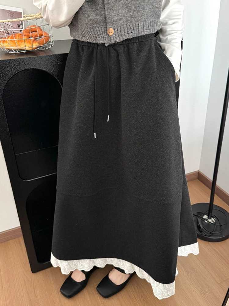 Sweet Woolen Skirts Long Faux Skirt Women Loose Vintage Lace Patchwork Elegant High Waist Skirts Fall Winter Casual Preppy Style Skirt W261017