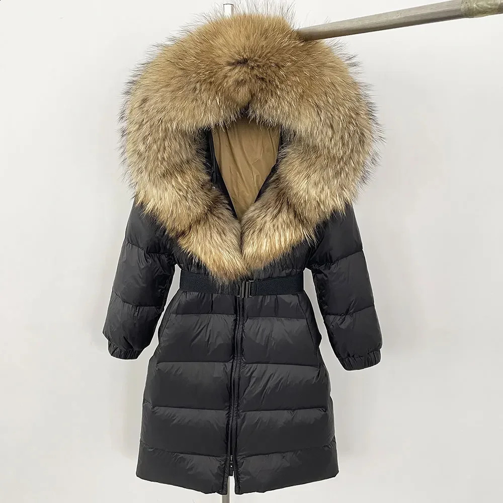 Natural Thick Warm Long Winter Jacket Women 90 White Duck Down Coat Big Fur Collar Belt Loose Puffer Parka 261013