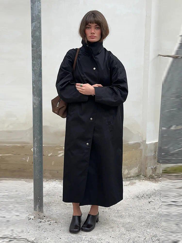 Street Solid Stand Collar Long Women's Trench Coat Loose Full Sleeved Single Breasted Pocket Windbreaker 2026 Autumn Lady Coats