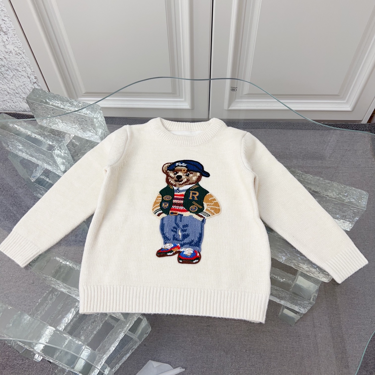 Designer Kids Sweater Toddler Cartoon Bear Crew Neck Knit Pullover Boys Girls Winter Warm Long Sleeve Cute Animal Print Children Knitted Top Size 80