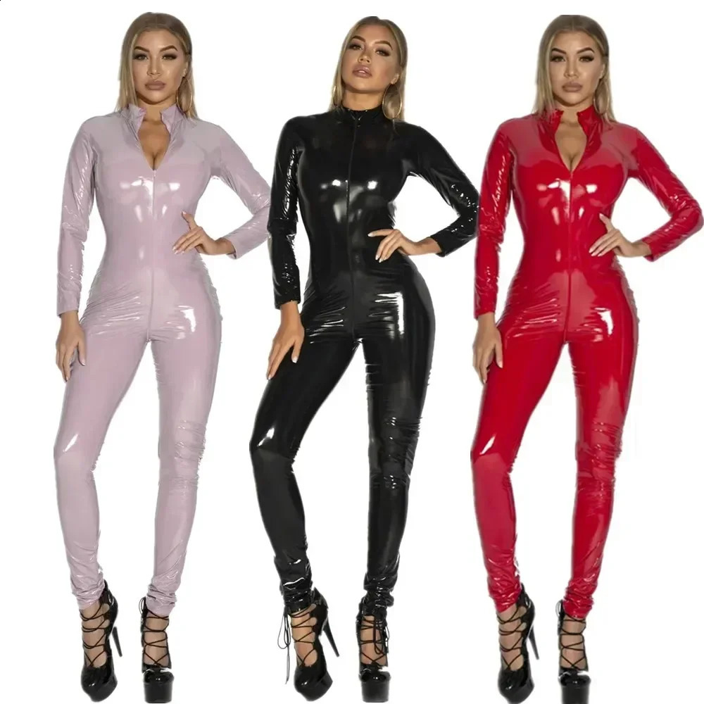 2025 Halloween Plus Size Women Black Red Pink Sexy Shiny Patent Leather PU Zipper Open Crotch Jumpsuit Nightclub Wet Look 261015