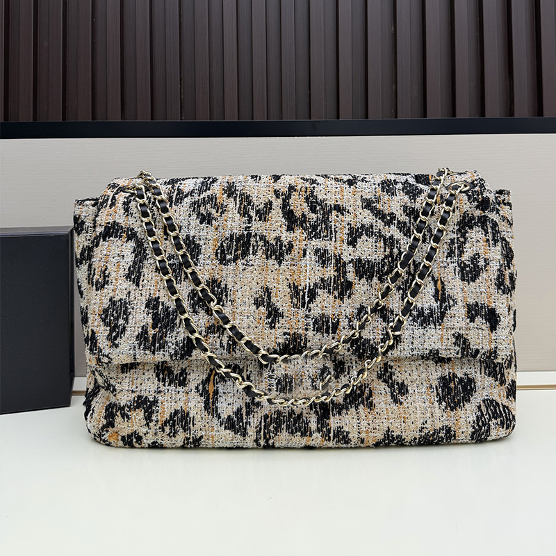 Winter Leopard Print Tweed Quilted Flap designer Shoulder Bag 38cm Large Capacity high quality real leather luxury maxi flap Handbag Gold Turn Lock