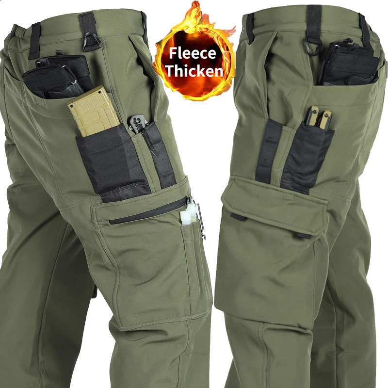 Men's Fleece Autumn Winter Warm Tactical Pants Softshell Outdoor Cargo Work Hiking Sports Military Multi Pockets 260924