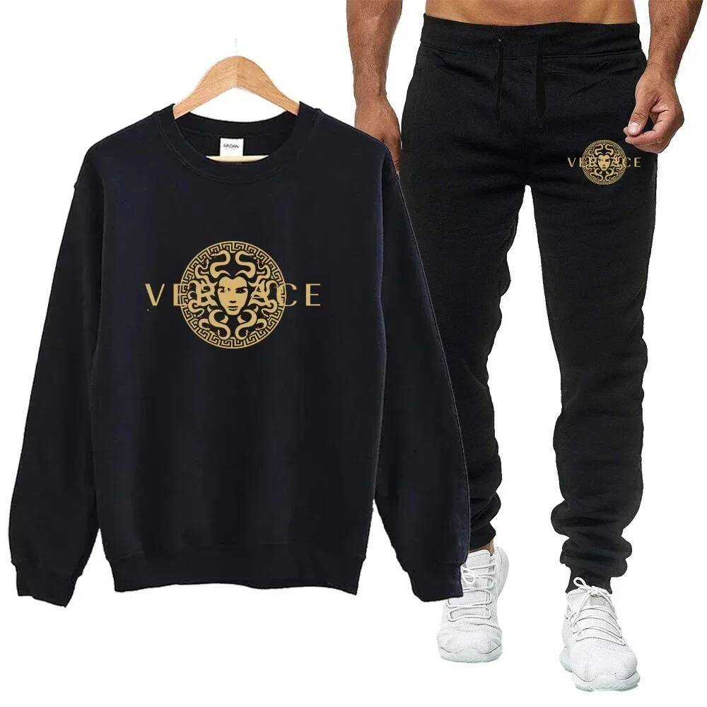 Men's autumn round neck sweatshirt set, luxurious printed simple casual sports set.