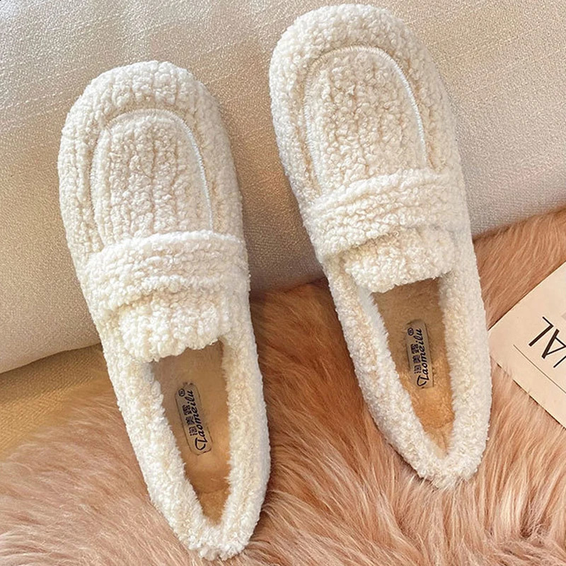 White Furry Wool Loafers Women Lambs Fur Shoes Winter Cotton Padded Flats Ladies Comfy Slip On Mocasines Female Warm Lana Boots 261017