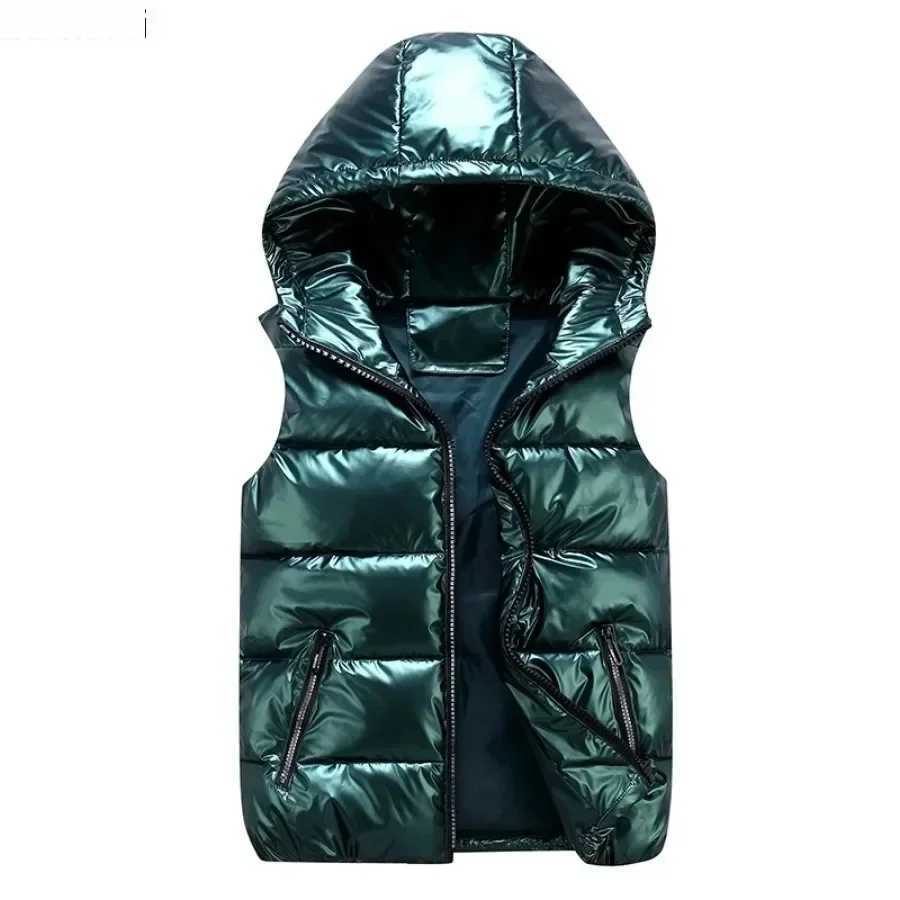 Vests New Men's Hooded Men's Vest Coats Fashion Glossy Waterproof Design Couple Down Cotton Lightweight Casual Waistcoat Male Parkas Vests