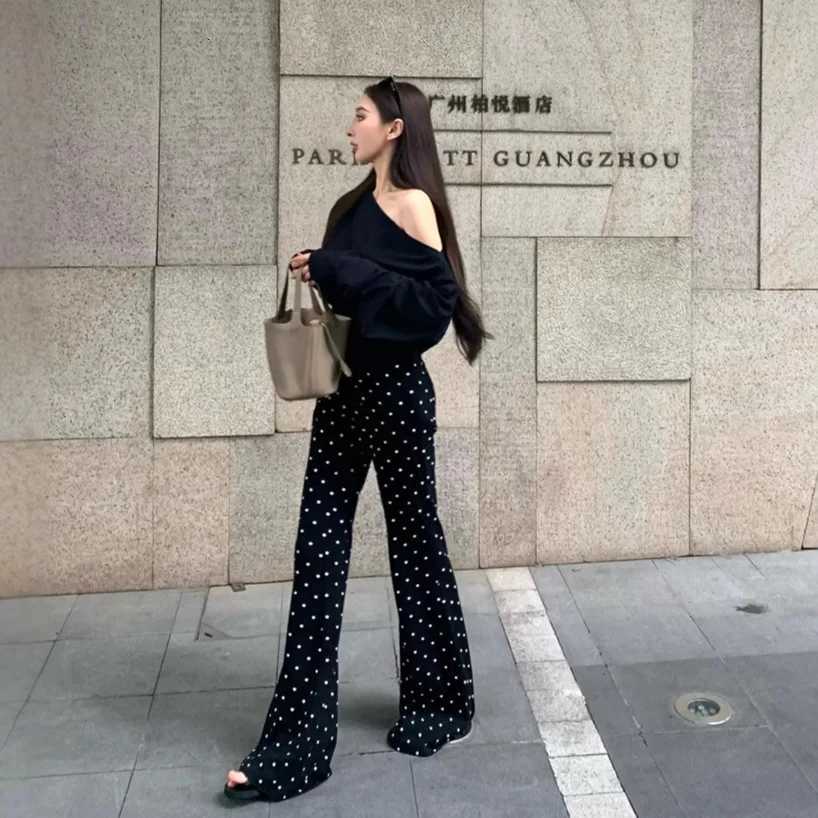 Leggings Women's Pants Capris Women's Casual Thin Style Women Black Polka Dots High Waist Fashion Wide Leg Pants 2025 Summer Vintage Solid