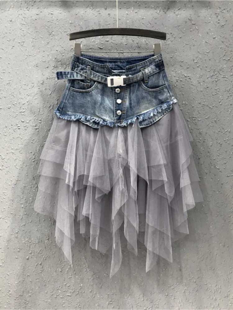 Mini Skirts New Spring Summer Skirt Women High Waist Irregular Denim Skirts Club Party Mesh Patchwork Short Jeans Skirt W261017
