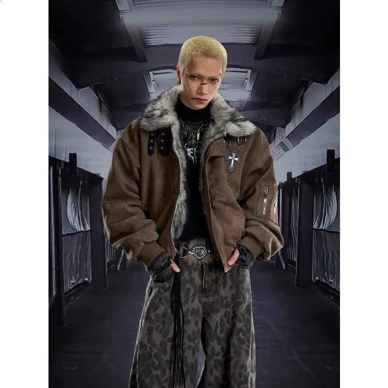 Men's Winter Padded Jacket Fur Collar Thickened Warm Loose Vintage Coat High Street Style Cross Embroidery Parka Men Streetwear 260928