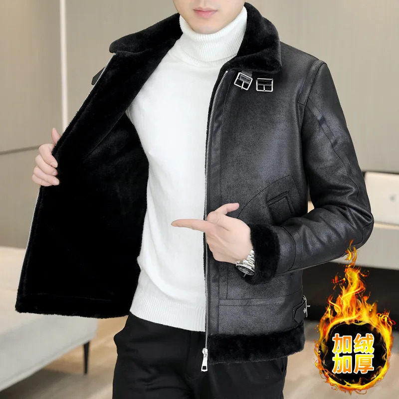 Winter Fur Leather Jacket Men Lapel Motorcycle Plus Velvet Padded Warm Casual Streetwear Social Coat Clothing 261014