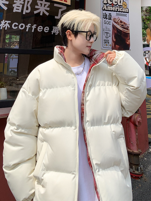 Plaid Stand Collar Puffer Winter New Fleece Lined Men's down cotton coat Thickened Warm Down Coat Men's Cotton Jacket Outerwear Honglu
