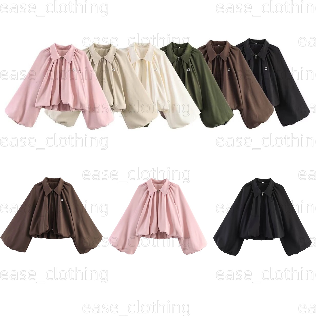 Aloismitys Women's New Arrival Casual Loose Fit Solid Color Notched Collar Balloon Sleeve Bomber Jacket for Spring and Fall