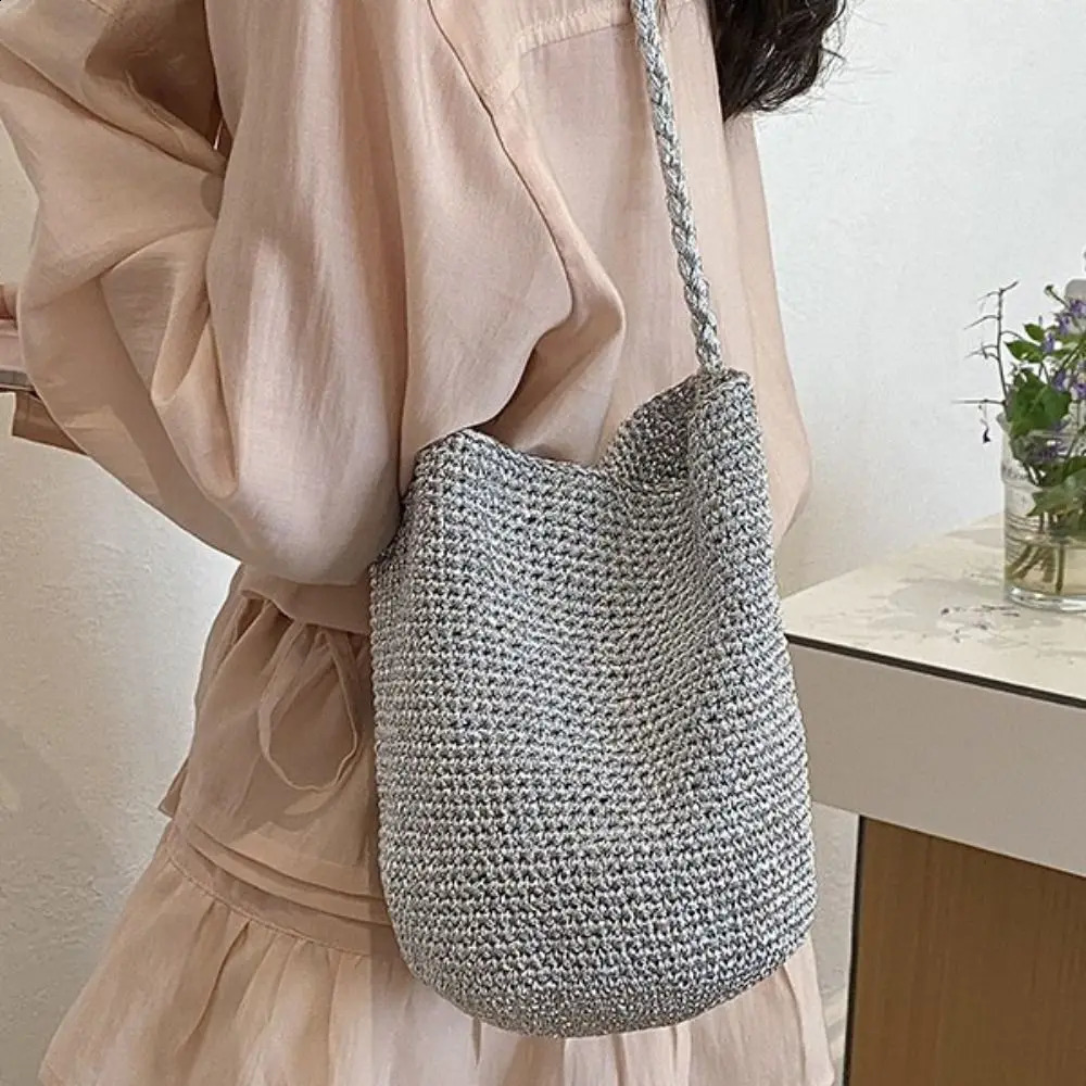 Cute Korean Style Woven Bucket Bag Glitter Shiny Thread Braided Crochet Tote Handbag Solid Color Knitted Weave Daily 261017