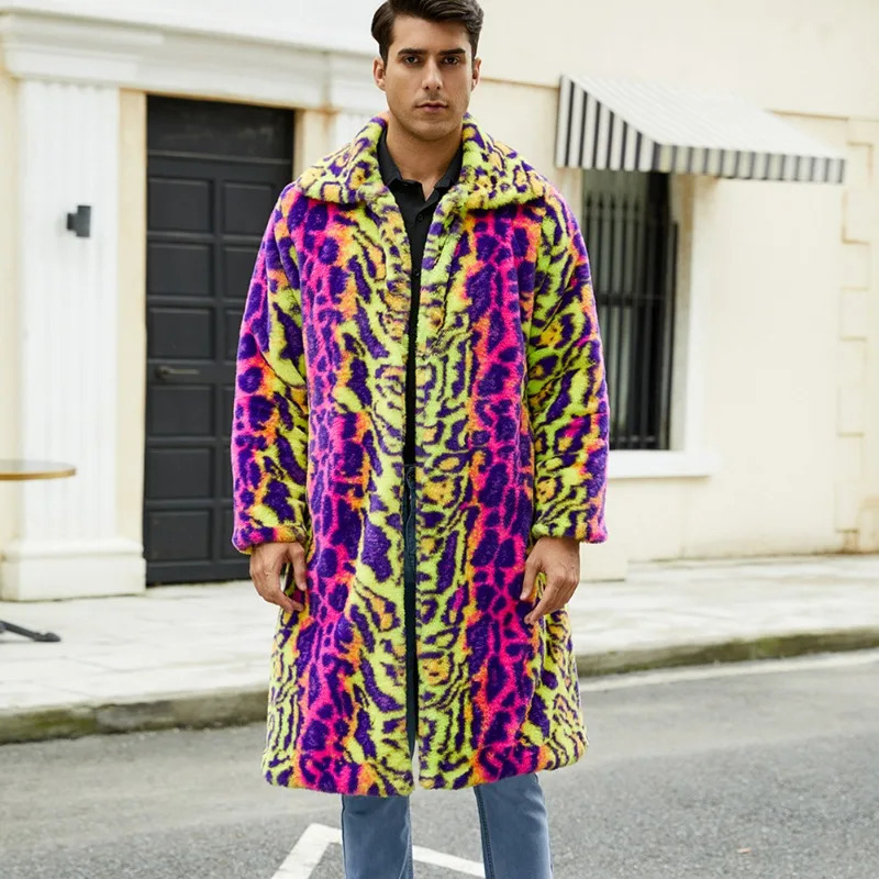WHXR Men Jacket Winter Thicken Coldproof Overcoat Contrast Color Printed Man Faux Fur Loose Midlength Male Outerwear 261012
