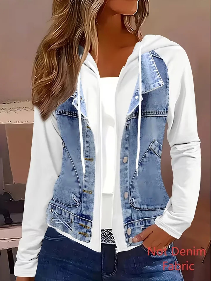 plus size faux denim jacket patchwork hooded coat zip up casual outerwear raglan sleeve women not fabric 261016