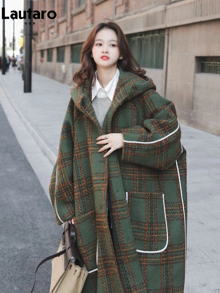 Lautaro Autumn Winter Long Oversized Warm White Patchwork Plaid Wool Blends Trench Coat with Hood Runway Korean Fashion 261010