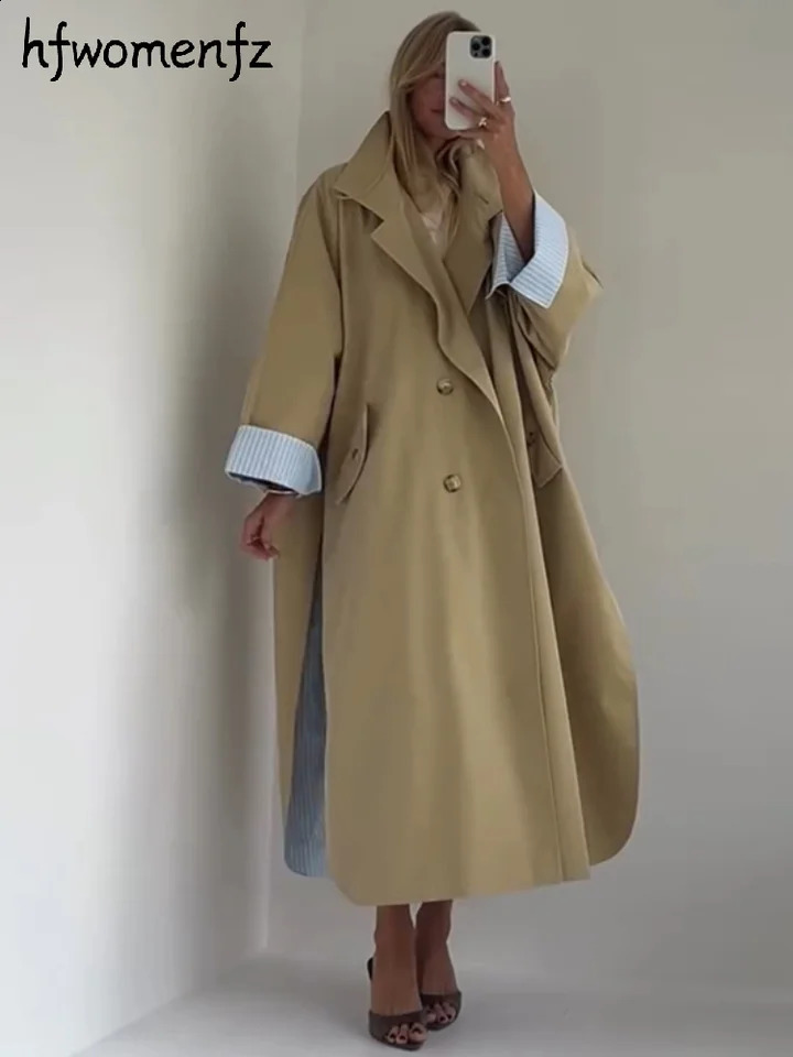 Street Women's Long Trench Coats Loose Stand Collar Single Breasted Full Sleeve Slit Windbreaker 2026 Autumn Lady Commute Jacket 261013