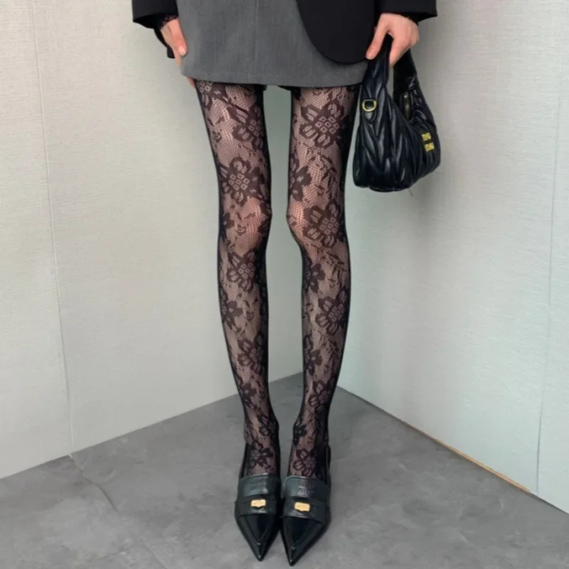 Women Floral Lace Tights Summer Mesh Sexy Hollowed Out Thin and Breathable Retro Punk Y2k Pantyhose Individual Fishnet Stockings 261015