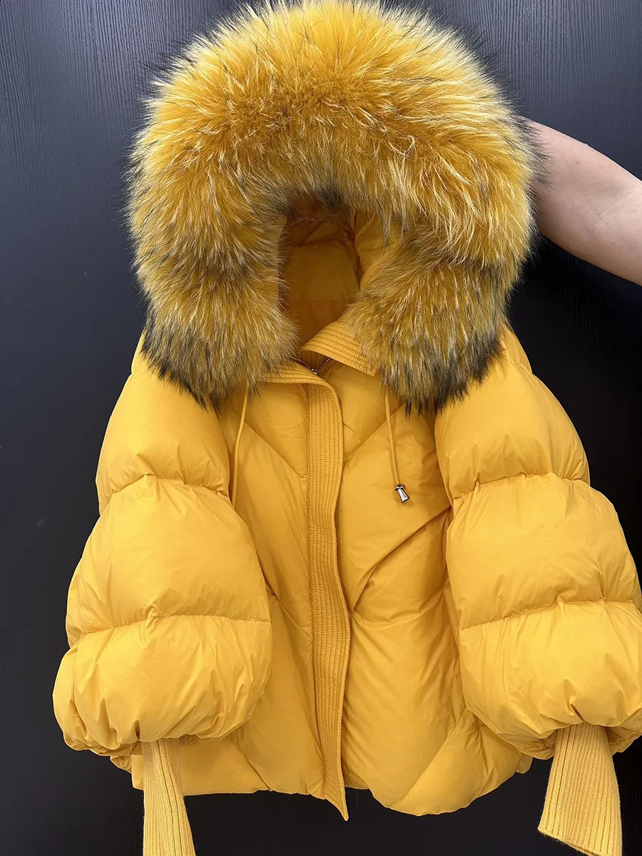 Winter Natural Large Fur Collar Hooded Down Jacket Female Lantern Sleeve Warm Quilted Women Short White Duck Outwear 261016