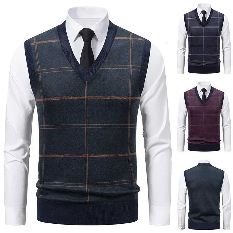 V-neck Men's Men's Knitted Vests Sweater Warm Autumn Winter 2026 Casual Fashion Grid Twisted Flower Design Versatile TopW261017