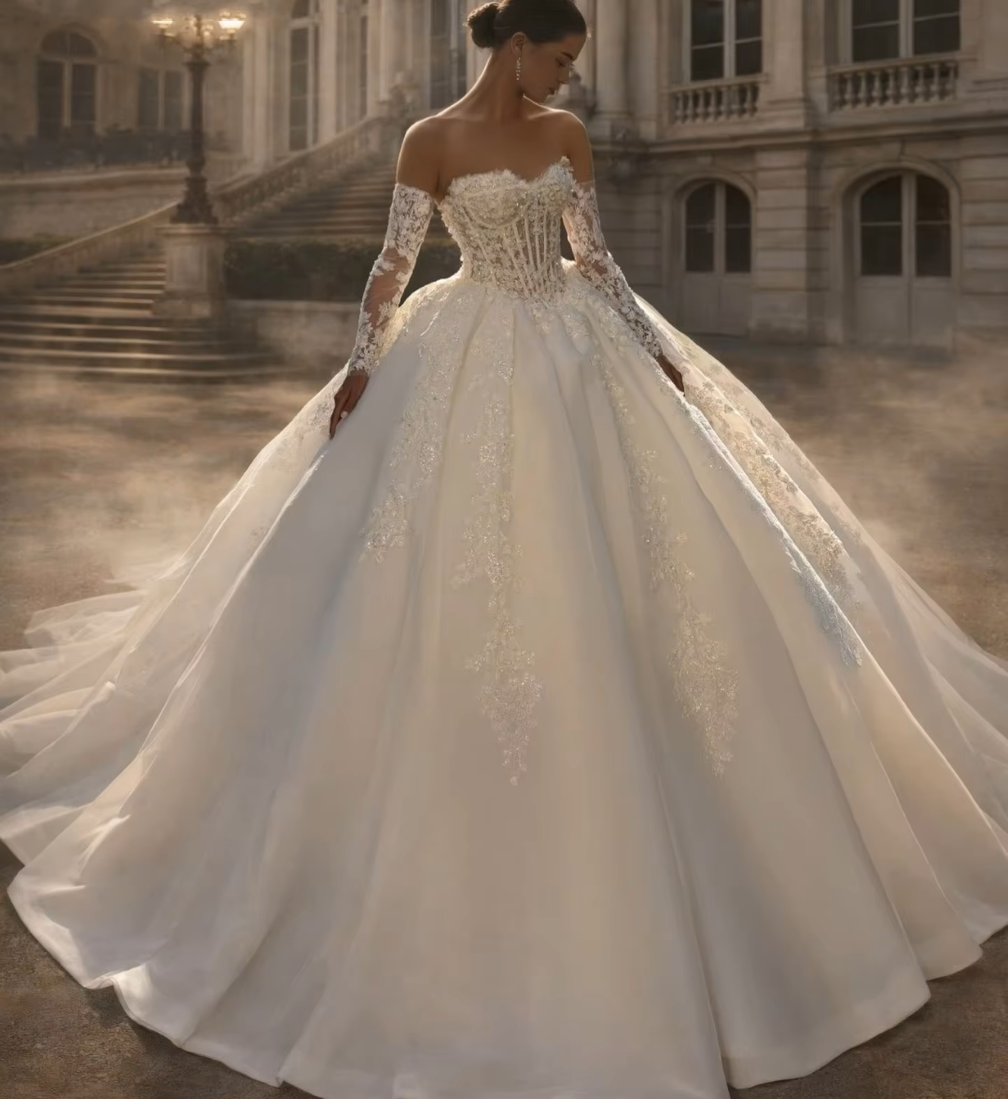 Luxury Ball Gown Wedding Dress Off Shoulder Long Lace Appliques Sleeves Sweetheart Corset Bodice Bridal Gown Vestido De Novia