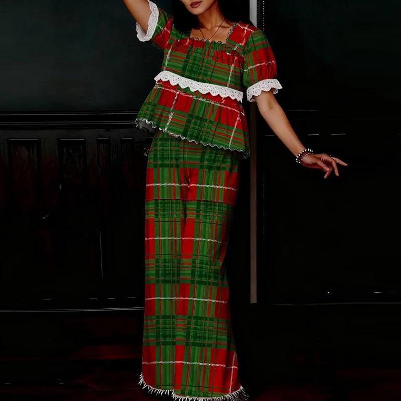 Christmas Pajamas Suit Women Lace Trim Ruffle Plaid Pj Short Sleeve doll Tops Pants Vintage Gingham 2 Piece Lounge Sets 261015