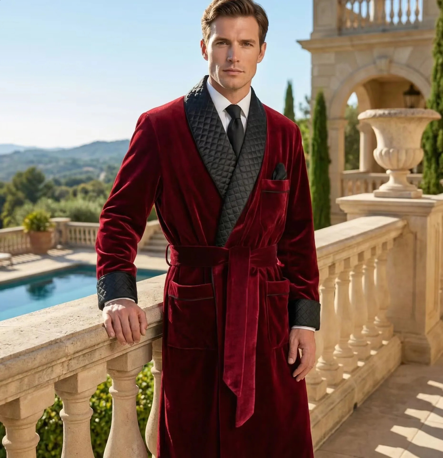 Long Velvet Smoking Jacket Shawl Lapel Wedding Groom Coat Terno Men Suit Blazer with Belt 261017