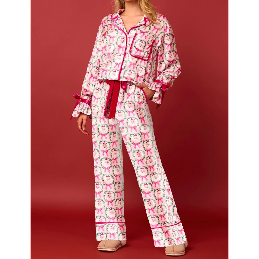 HEZIOWYUN Women's 2Pcs Loungewear Christmas Pjs Outfit Set Santa/Tree Print Lapel Button-up Long Sleeve Tops Drawstring Pants 261014