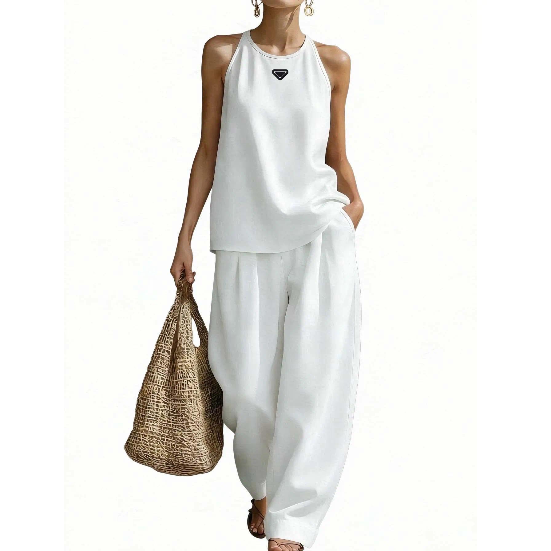 Designer Women 2 Piece Outfit Set Ladies Solid Color Halter Top Wide Leg Pants Casual Sleeveless Loungewear Vacation Set Elegant Women's Clothi