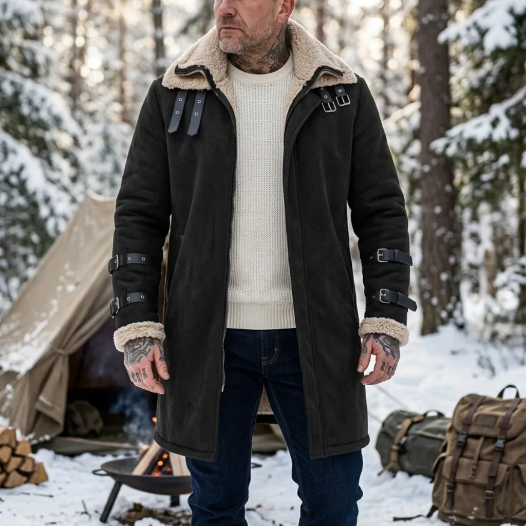 Winter Men's Faux Suede Fur MidLength Jacket Windproof Double Collar Fleece Coat Warm Streetwear Outerwear Soft 261012