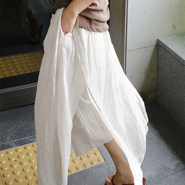 Pants Capris Women's Leggings Women's Women-Linen-High-Slit-Skirt-Pants-Overlay-Loose-Oversized-Casual-Cropped-Pants-Spring-Summer-Streetw
