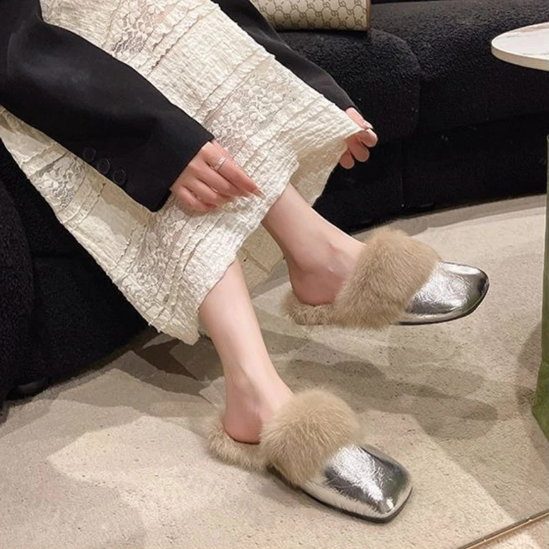 Women's Flat Slippers 2025 Autumn Winter Fashion Outdoor Warm Non Slip Plush Shoes Lightweight Comfortable Casual Half Slippers 261017