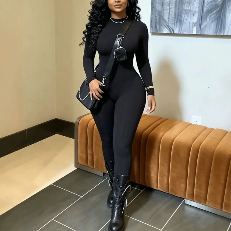 Casual Fashionable Solid Round Neck Long Sleeve Jumpsuit Women Slimfitting Black Rompers 261015