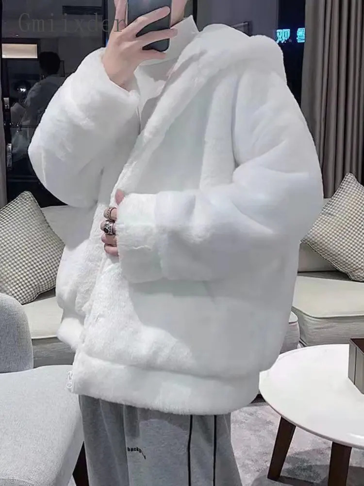 Gmiixder Winter Plush Fur Coat for Men's Korean High Street Oversize Preppy Thickened Hooded Cashmere Jacket 261012