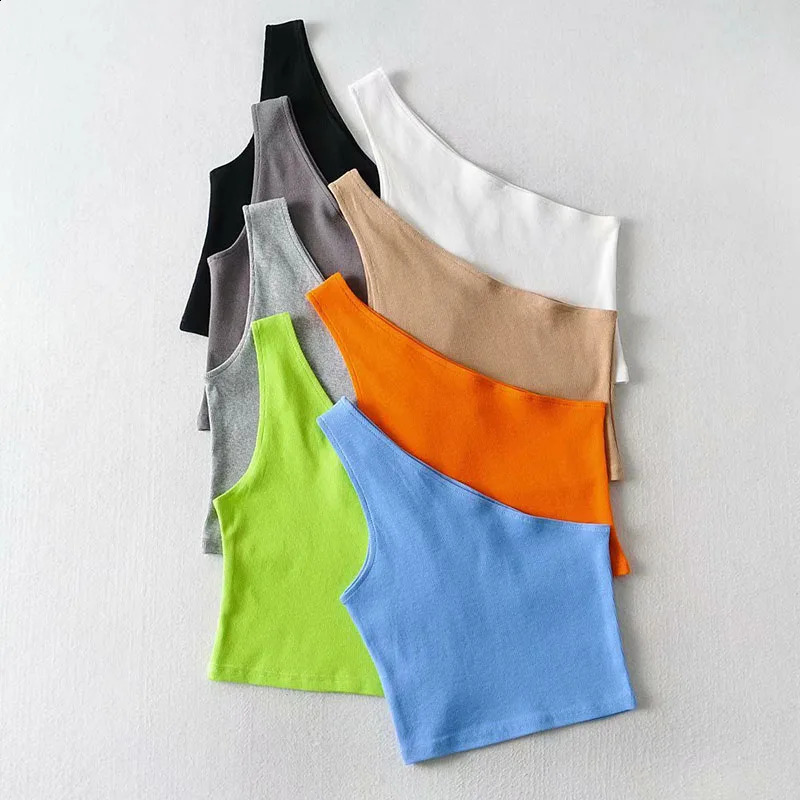 One Shoulder Cropped Tanks Top Women Summer Sleeveless Camis Sexy Oblique Collar Elastic Corset Slim Crop Tops Tube Lady 261016