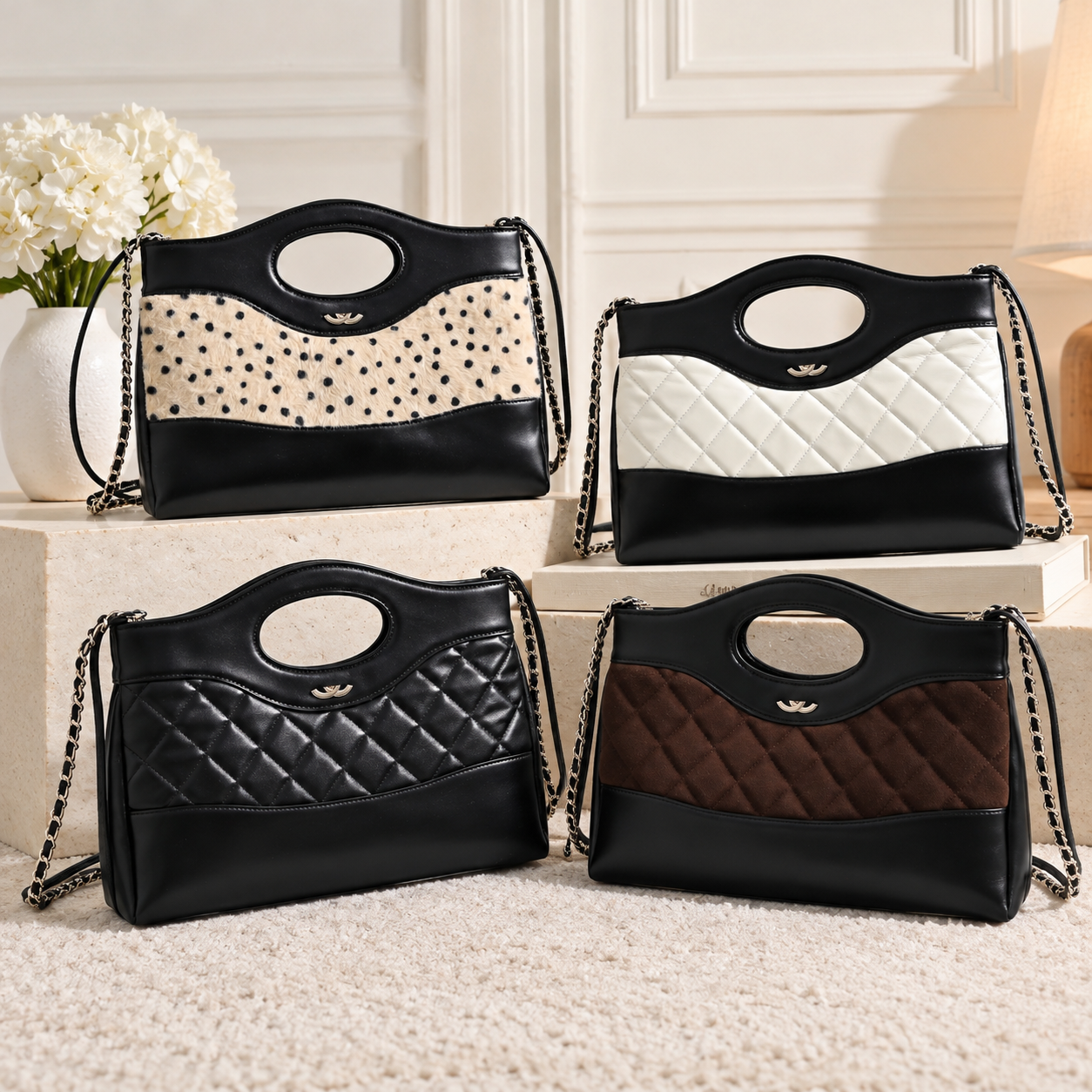 Women's Quilted Shoulder Bag Chain Strap Handbag Cutout Top Handle Purse Patchwork Fashion Multiple Styles and Colors