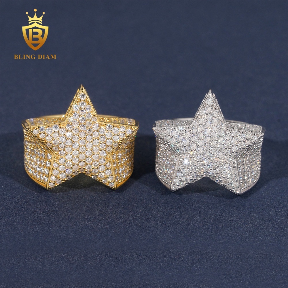 Iced Out Hip Hop Jewelry 925 Silver Gold-Plated Vvs Moissanite Ice Out Fully Diamond Men's Star Cuban Rings With Box