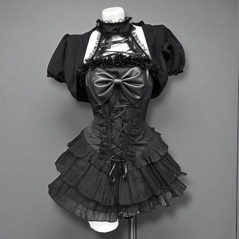 MEXZT Y2K Gothic Black Mini Dress Women Harajuku Vintage Sexy Bow Lace Halter Dresses Lolita Party Ruffles Bodycon Vestidos New