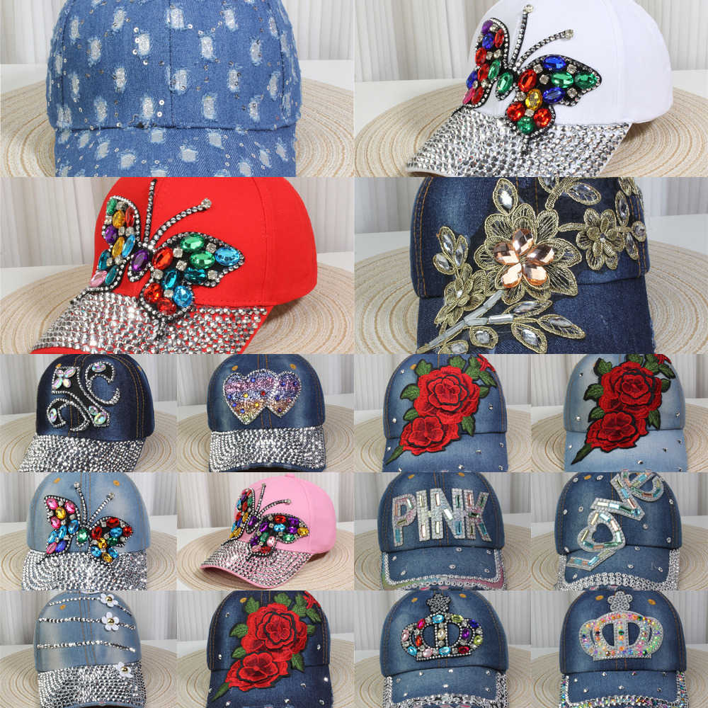 Men's Denim Cotton Baseball Cap Fitted Dome-Top Ball Hat with Rhinestone Detail National Flag Pattern Casual Summer Headwear for Outdoor Activi