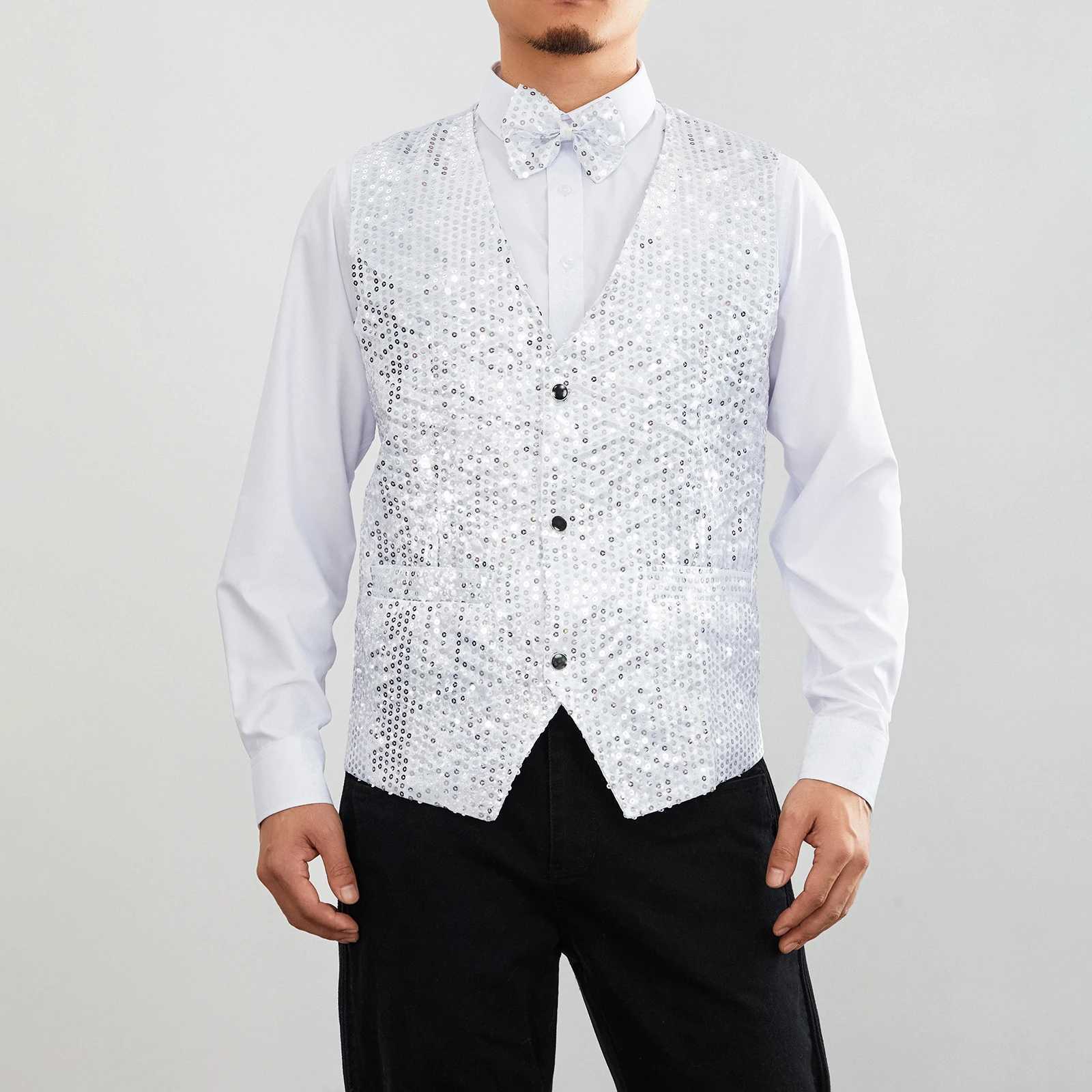 Suit Men's Stylish Vests Men Blazer Deep V-neck Solid Color Sequins Slim Vest Button Waistcoat for Business WeddingW261017
