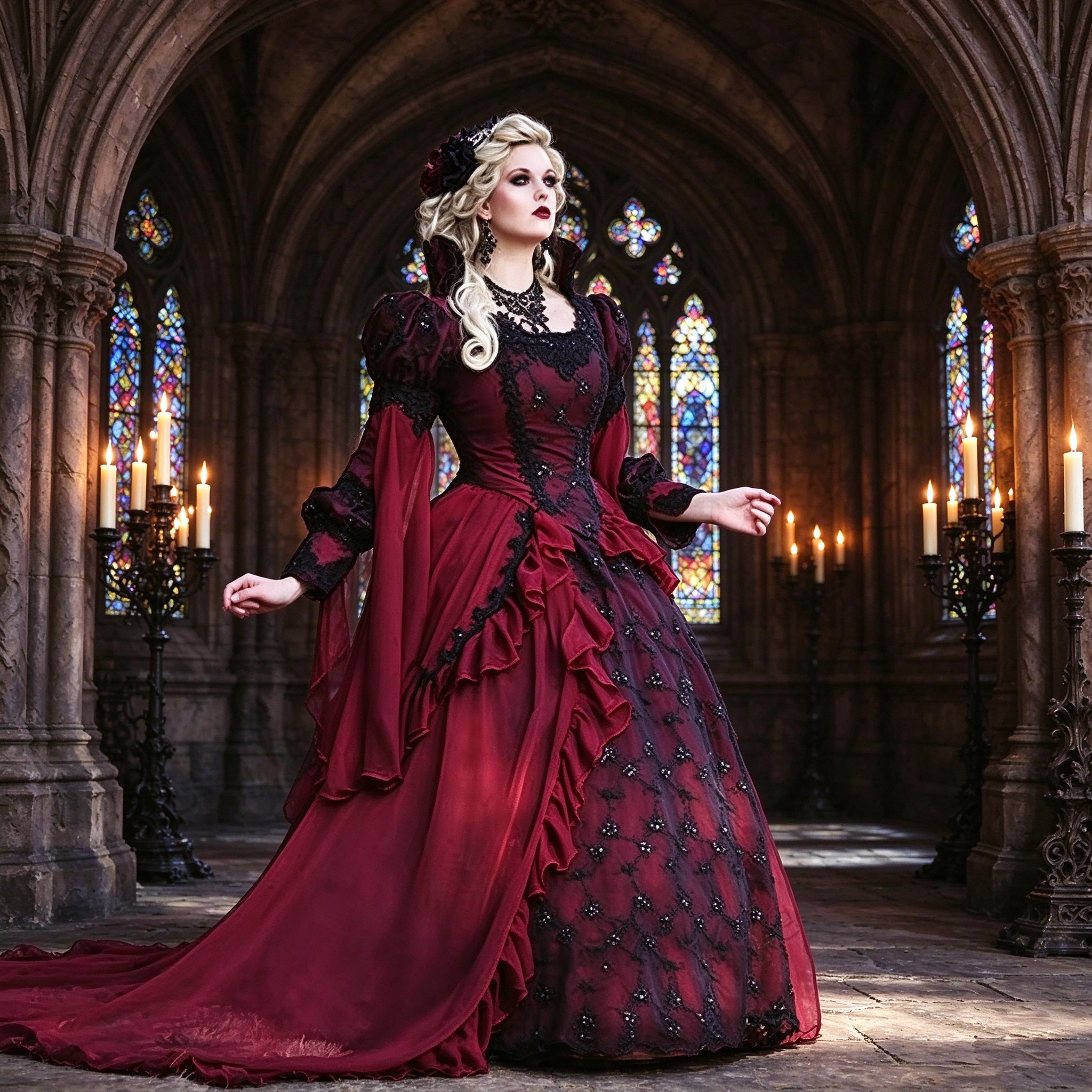 Vintage Gothic Burgundy Victorian Prom Dress Ball Gown Puffy Flare Sleeve Black Lace Ruffle Layered Tulle Chiffon Formal Medieval Costume Special Oc