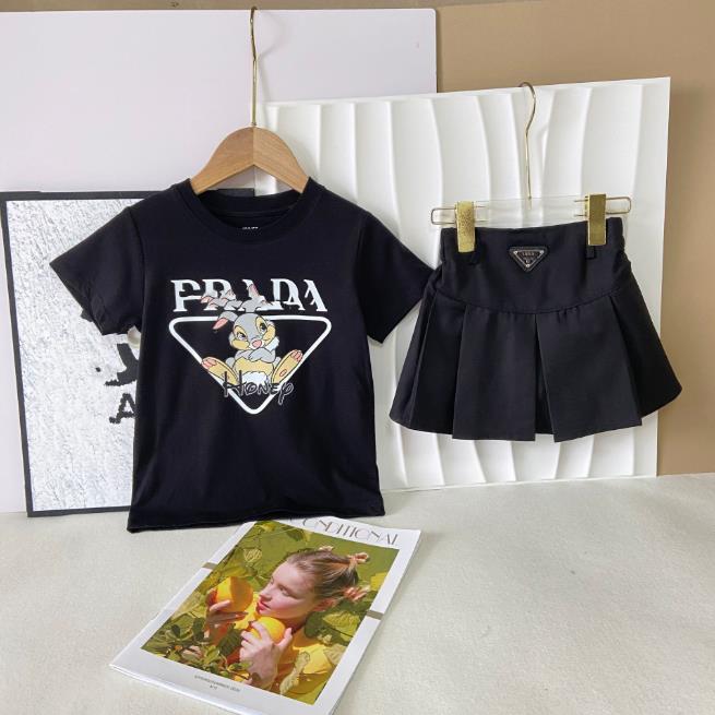 Summer Kids Designer Clothes Cute Two Piece Skirt Set Baby Girls Children Clothing Dresses Sets Short Sleeve Pullover T-shirt Pleated Cake Dress P86