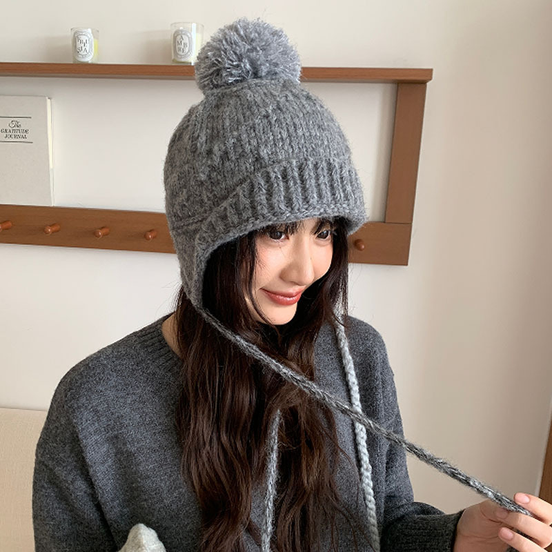 2025 Autumn/Winter New Korean Style Knitted Beanie Hat for Women Outdoor Warm Drawstring PomPom Earflap Hat Casual Fashion Trend