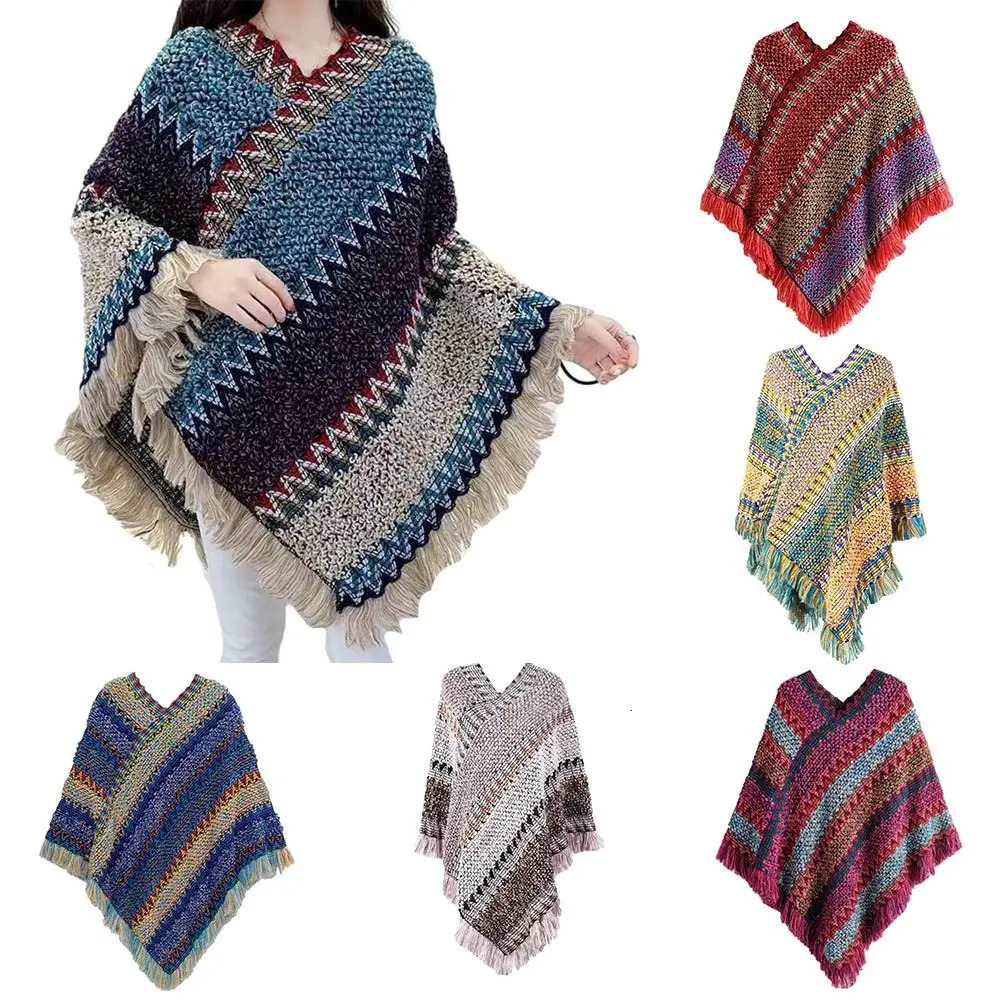 Coat Overlays Winter Warm Mongolian Poncho Striped Polyester Knitting Wraps Ethnic Style Pullover Tassel Shawl Women Fashion 261015