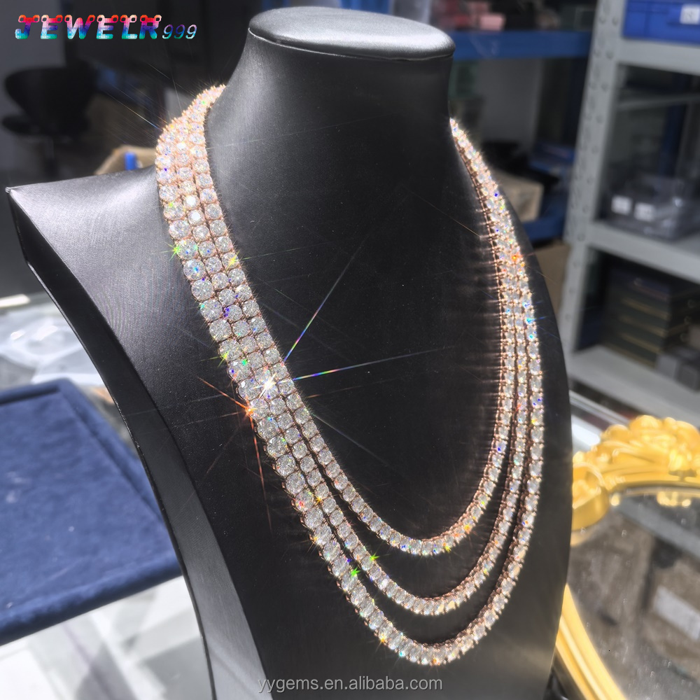 Yu Ying 925 Sterling Silver Rose Gold Plated Hip Hop Tennis Chain Necklace with VVS Moissanite GRA Certified Unisex Ice Jewelry