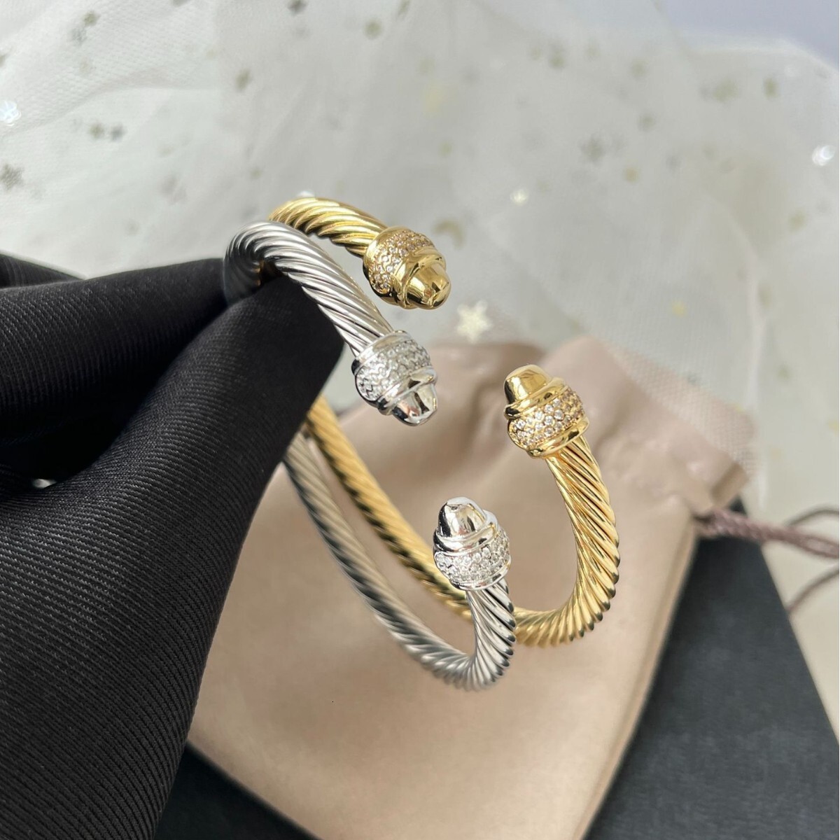 DY Cable Jewelry Designer Davidjersey Yurmannn Luxury Bracelet For Woman Men Luxe Bangle DY Two-tone 5MM Bracelet Micro-inlaid Round Head Open Hand