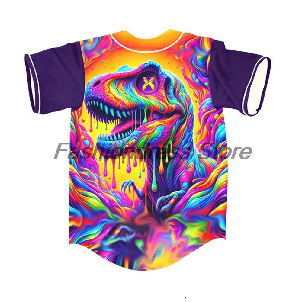 Colorful Men's T-Shirts Dinosaur Trippy Rave Baseball V-NeCK Short Sleeve Button-Down Shirts Women Men Streetwear TopsW261017