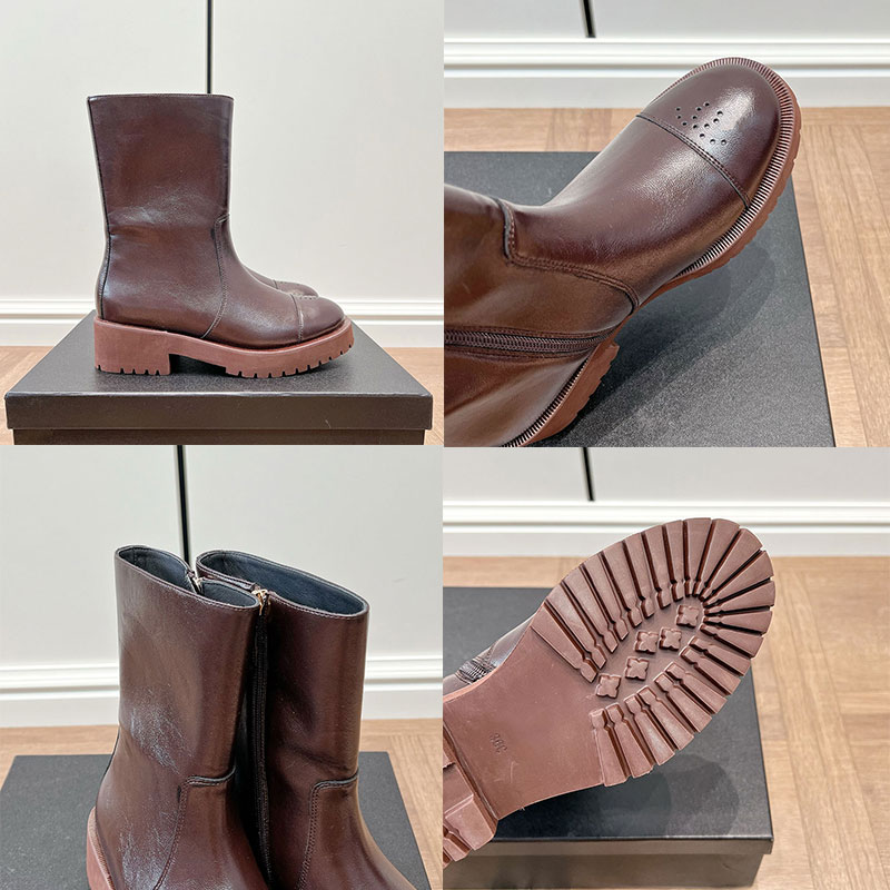 Womens Short Boots Designer Calfskin Half Boot Ladies Sheepskin Lining Knight Boots Side Zipper Round Head Boot Chocolate Brown TPU Non Slip Outsole
